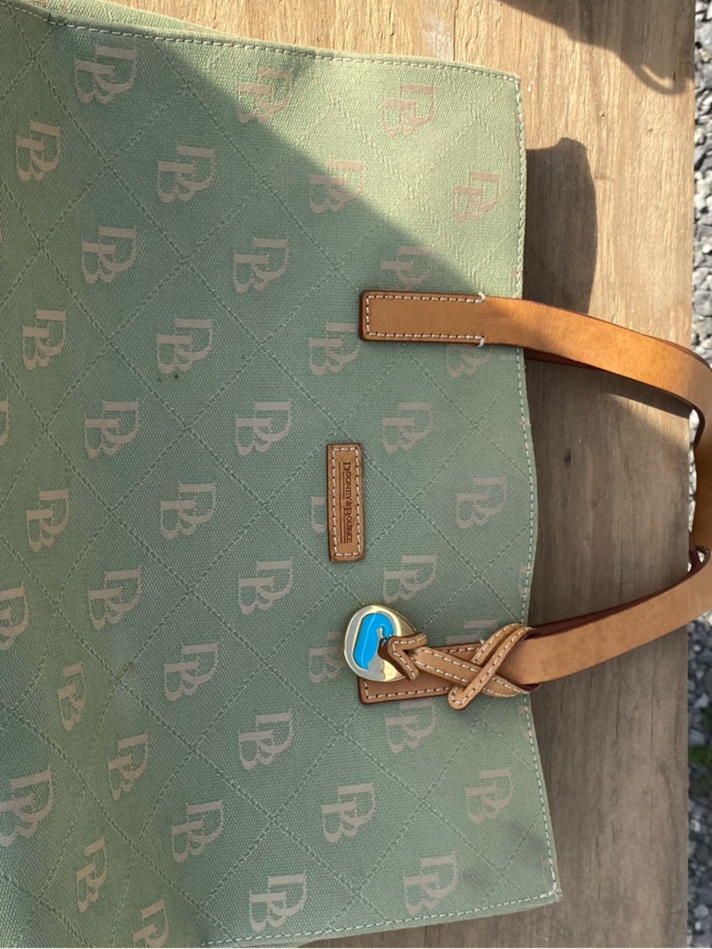 Dooney & Bourke Green Monogram Tote with Tan Leather Handles